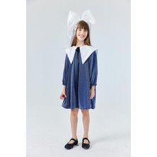 Lacivert  Uzun Kollu Yaka Detaylı Simli Kız Çocuk Elbise - Maya