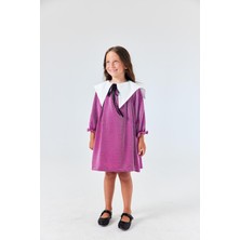 Fuşya  Uzun Kollu Yaka Detaylı Simli Kız Çocuk Elbise - Maya