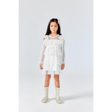 Ekru  Yıldız Desenli Katlı Kız Çocuk Elbise - Felicia