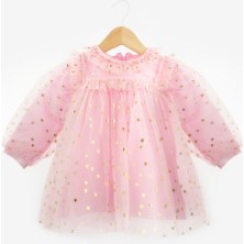 Pembe  Yıldız Detaylı Kız Bebek Tül Elbise - Vanessa