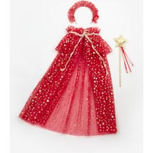 Le Mabelle Kırmızı  Kız Çocuk Yıldızlı Pelerin Asa ve Taç Set