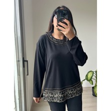 Charamela Kadın Büyük Beden Baskılı Yaka ve Etek  Taş Detaylı Bluz -BGB69