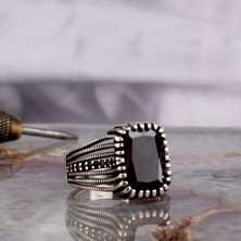 Takı925 Siyah Renk Zirkon Taşlı 925 Ayar Gümüş Erkek Yüzük