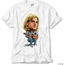 Z Zeplin Kurt Cobain Cartoon Beyaz Tişört