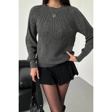Nosia Fashion Italyan Kollu Saç Örgü Desenli Kadın Triko Kazak