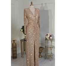 Yonca Moda Evi Store Gold Yırtmaçlı Payet Uzun Kol Abiye 25110