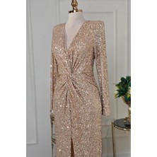 Yonca Moda Evi Store Gold Yırtmaçlı Payet Uzun Kol Abiye 25110