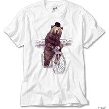 Z Zeplin Bisikletli Ayı Beyaz Tişört