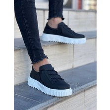 Shoecide KB-X502  Siyah Cilt Yüksek Beyaz Taban Bağcık Detaylı Lastikli Günlük Erkek Ayakkabı