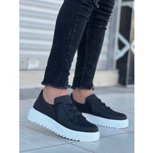 Shoecide KB-X502  Siyah Cilt Yüksek Beyaz Taban Bağcık Detaylı Lastikli Günlük Erkek Ayakkabı