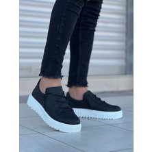 Shoecide KB-X502  Siyah Cilt Yüksek Beyaz Taban Bağcık Detaylı Lastikli Günlük Erkek Ayakkabı