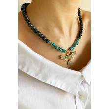 Sose Moda Anka Kuşu Uçlu Kristal Cam Boncuk Doğal Taş Kolye - Haki