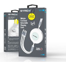 Syrox C145 2.4A 1.12MT Makaralı 2x Type-C + Lightning Çoklu Şarj & Data Kablosu - Beyaz