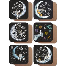 Mediterian Uzay Temalı 6'lı Ahşap Kare Bardak Altlığı Seti, şık ve eğlenceli tasarım