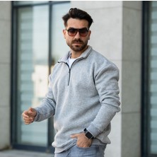 Düz Renk Yakası Fermuarlı Oversize Erkek Sweatshirt