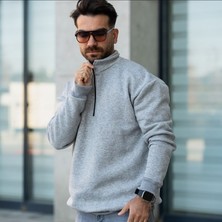 Düz Renk Yakası Fermuarlı Oversize Erkek Sweatshirt