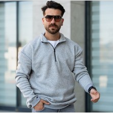 Düz Renk Yakası Fermuarlı Oversize Erkek Sweatshirt