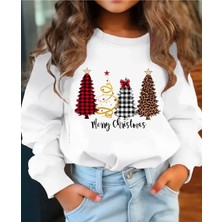 La Luna Kidz Kız Çocuk Yeni Yıl Temalı Bisiklet Yaka Beyaz Oversize Sweatshirt