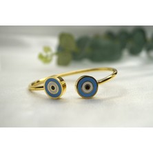 Koyu  Mavi Nazar Boncuklu Ince Esnek Gold Çelik Kelepçe