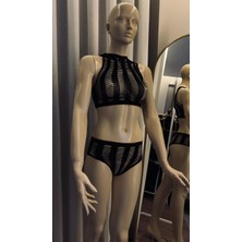 Butik Şık Siyah Örgü Kırpma Üst ve Yüksek Belli Altlar: Dantel Detaylı ve Yüksek Elastikli Mayo