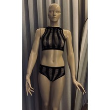 Butik Şık Siyah Örgü Kırpma Üst ve Yüksek Belli Altlar: Dantel Detaylı ve Yüksek Elastikli Mayo