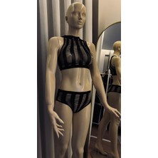 Butik Şık Siyah Örgü Kırpma Üst ve Yüksek Belli Altlar: Dantel Detaylı ve Yüksek Elastikli Mayo