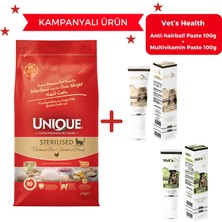 Unique Sterilised  Kısırlaştırılmış Kedi Maması Tavuklu 2 kg - Vet's Health Anti-Hairball Paste 100G + Multivitamin Paste 100G Hediyeli