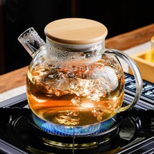 Erkugo Vakumlu Bambu Kapaklı Isıya Dayanıklı Borosilikat Cam Demlik, Süzgeçli Demlik (1000 Ml) Teapot