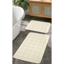 Doğal Kaymaz Taban Banyo Paspas Seti Uzun Ömürlü Yumuşak Dokulu Su Emici Yıkanabilir Krem Kareli Set 50x80-50x40