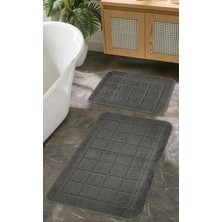 Doğal Kaymaz Taban Banyo Paspas Seti Uzun Ömürlü Yumuşak Dokulu Su Emici Yıkanabilir Antrasit Kareli Set 50x80-50x40