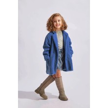 Kız Çocuk Yeni Sezon Trend Peluş Kürk  Kaban Düğme Kapamalı Saten Iç Astarlı