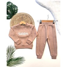 Kız Çocuk Valentines Nakış Detaylı Açık Kahverengi Alt Üst Takım