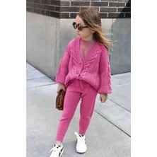 Miniğimin Cicileri Zincir Desen Triko Hırkalı Kız Çocuk 2 Li takım - Fuşya