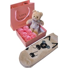 Teddy Türkstore Kutuda Teddy Anahtarlık ve Kedili Çorap