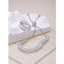 SE Jewellery Gümüş Baget Su Yolu Şık Asansörlü Bileklik Yüzük Seti