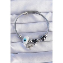 Sinerji Shop 316L Çelik Gümüş Renk Siyah Zirkon Taşlı Yıldız Tasarımlı Ağaç Detay Nazarlı Charm Bileklik - TJ-BB6198
