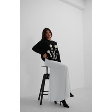 Black Fashion Motifli Oversize Triko Kazak Standart