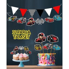 Hiras Dizayn 32PARÇA Spor Yarış Araba Temalı Dev Doğum Günü Süsü Banner Pasta Kürdanı Cupcake Süsü Seti