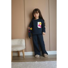 Sacro Kids Siyah Papatya Işlemeli Eşofman-Sweatshirt 3 Iplik Şardonlu Kışlık Kız Çocuk Takım