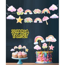 Hiras Dizayn 32PARÇA Gökkuşağı Bulut Yıldız Temalı Dev Doğum Günü Süsü Banner Pasta Kürdanı Cupcake Süs