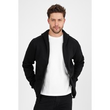 Erkek Slim Fit Örgü 3 Iplik Fermuarlı Polar Hırka Siyah