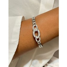 Stainless Steel Zirkon Taşlı Zincir Detaylı Çelik Kelepçe
