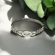 Stainless Steel Zirkon Taşlı Zincir Detaylı Çelik Kelepçe