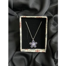 Kural Jewelry 925 Ayar Gümüş Zincirli Mor Lotus Çiçeği Zirkon Taşlı Kolye Kadın