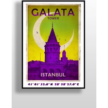 Hari Tasarım Retro Koordinatlı Şehir Posteri, Galata Kulesi, Çerçevesiz Poster-Harita Sanatı, Map Art Design