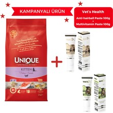 Unique Kitten Somonlu Kedi Maması 2 kg Vet's Health Anti Hairball Paste 100 gr + Multivitamin Paste 100 gr Hediyeli