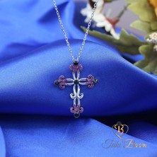 Fuşya Siyah Taşlı Büyük Haç Gümüş Kolye
