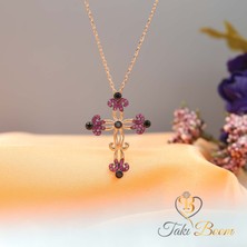 Fuşya Siyah Taşlı Büyük Haç Gümüş Kolye