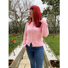 Taş Düğme Detaylı Pembe Hırka