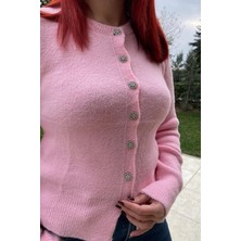 Taş Düğme Detaylı Pembe Hırka